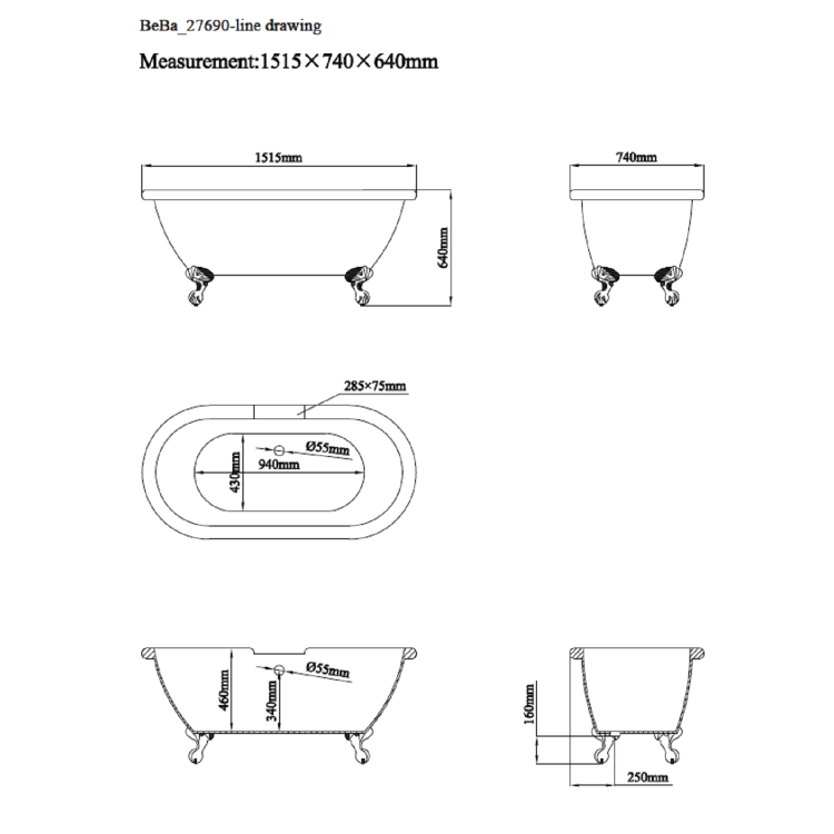Park Royal Matt Grey Freestanding Bath Double Ended 1515 X 740 X 640
