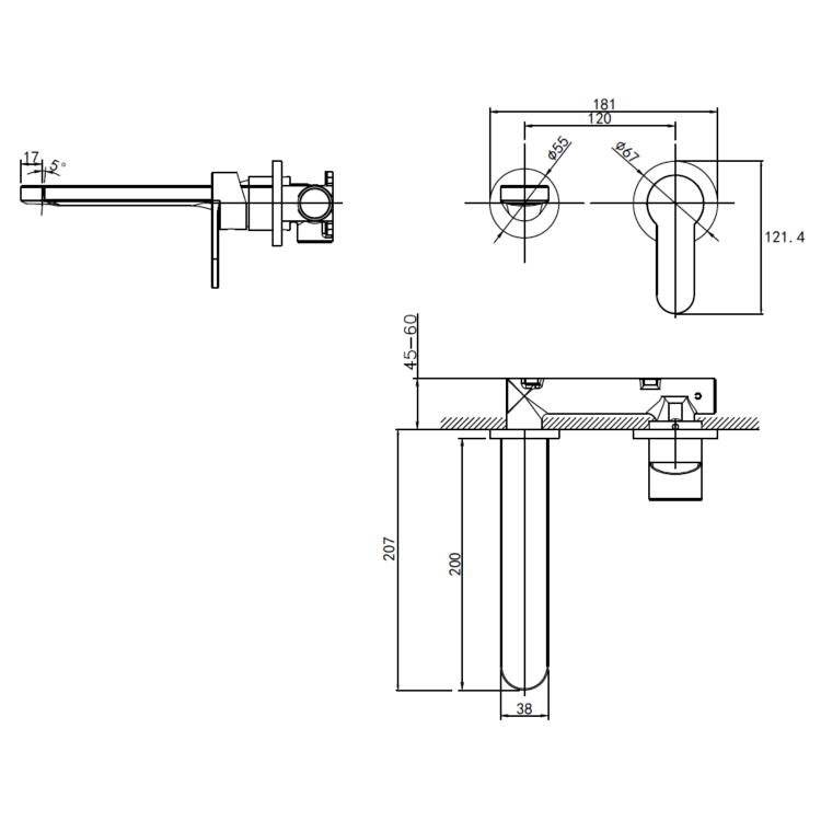 GRADE A2 - Wall Mounted Brass Basin Mixer Tap - Zorah
