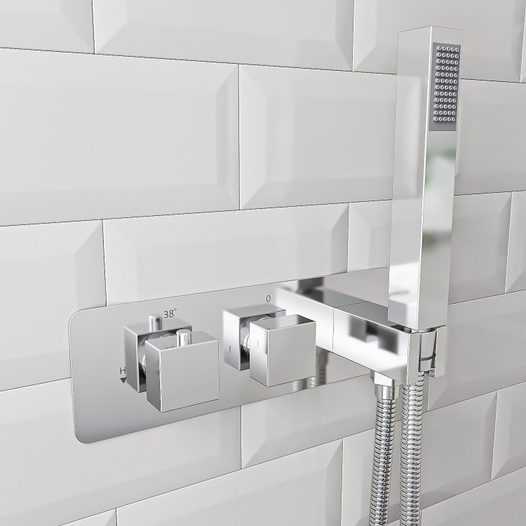 GRADE A2 - Chrome 2 Outlet Concealed Thermostatic Shower Valve with Hand Shower - Cube