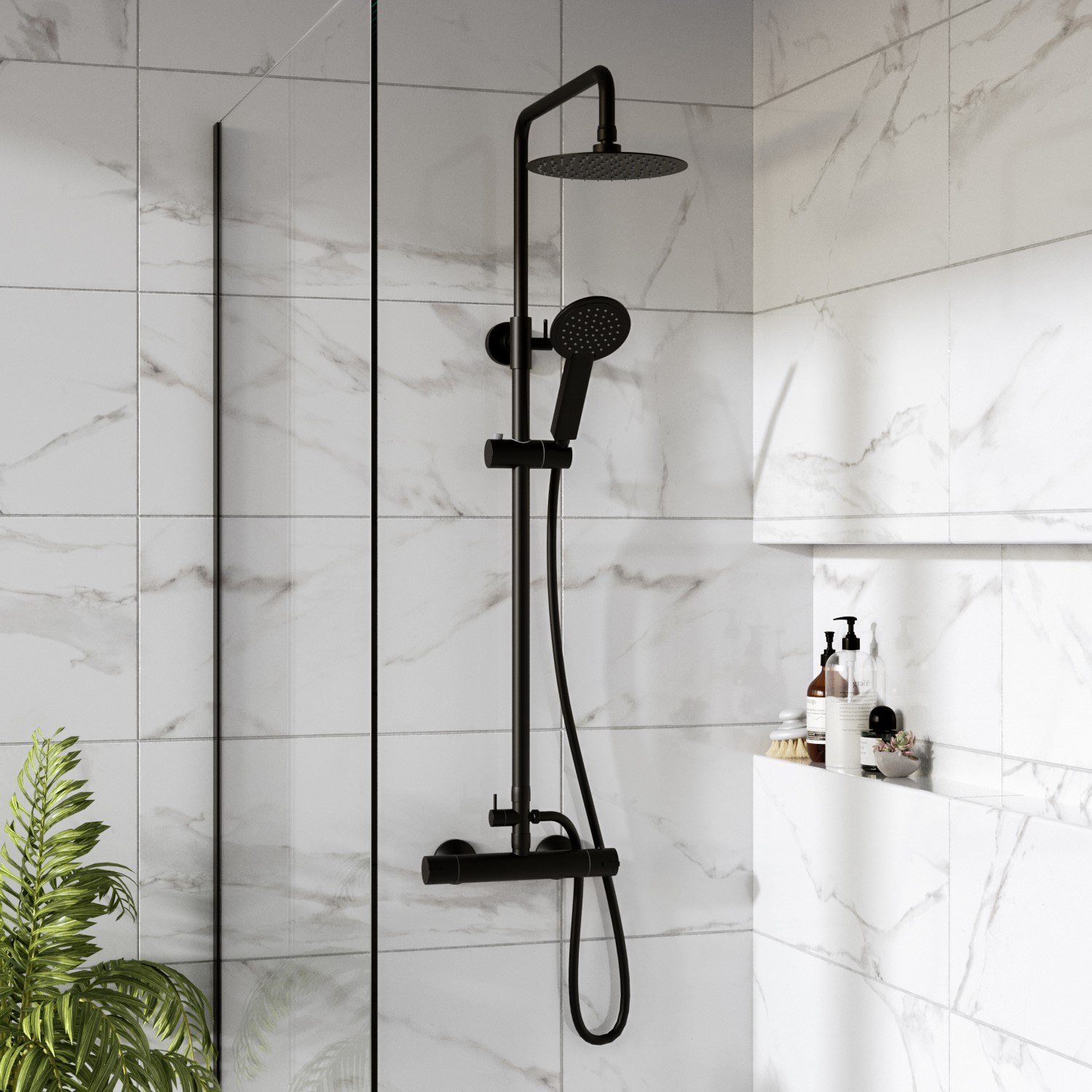 Black Thermostatic Mixer Bar Shower with Round Overhead & Handset - Arissa