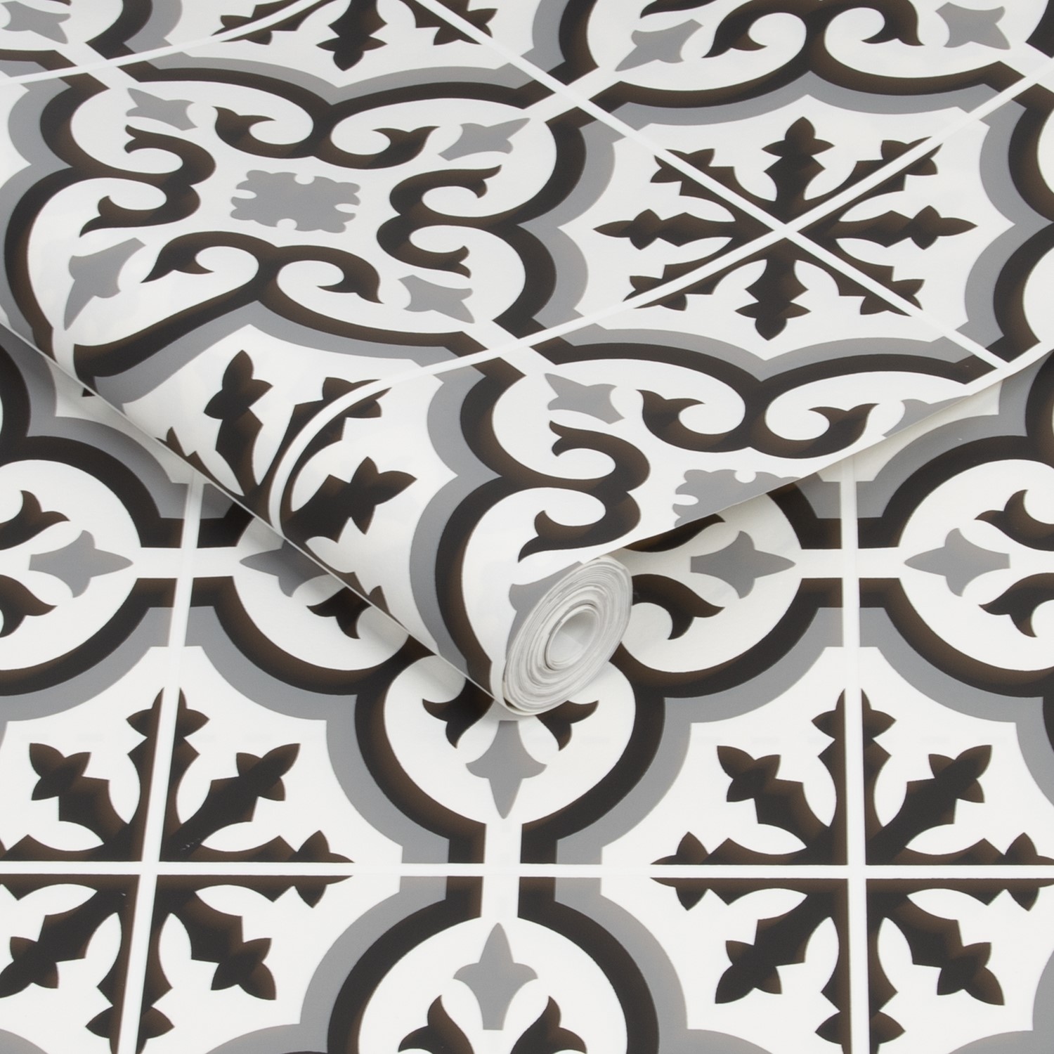 Black & White Moroccan Tile Effect Wallpaper - Contour Antibac