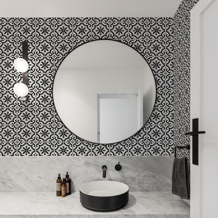 Black & White Moroccan Tile Effect Wallpaper - Contour Antibac