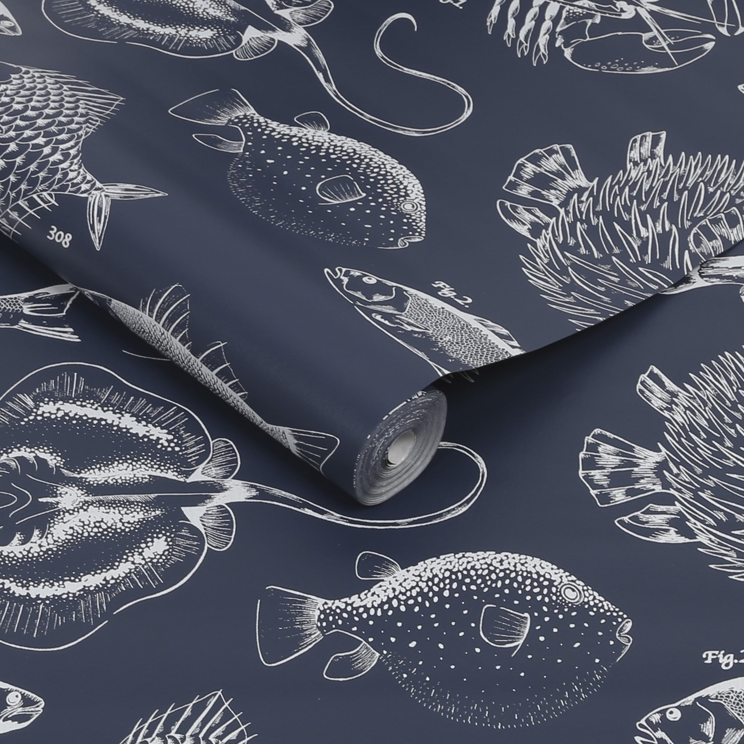 Navy & White Fish Wallpaper - Contour Antibac