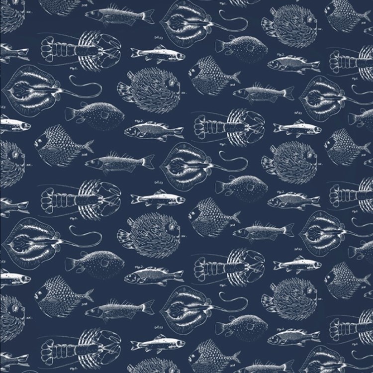 Navy & White Fish Wallpaper - Contour Antibac