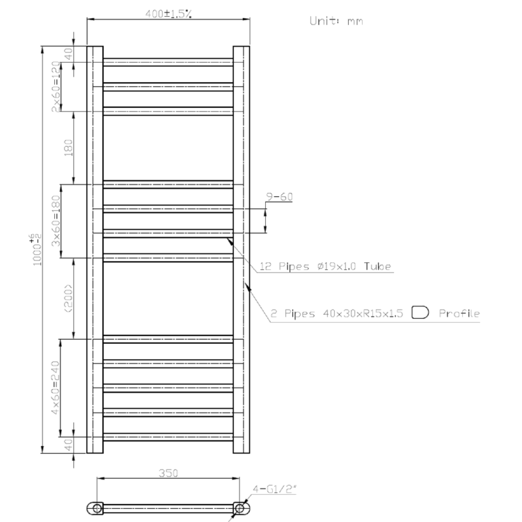 Chrome Heated Towel Radiator 1000 x 400mm - Sahara