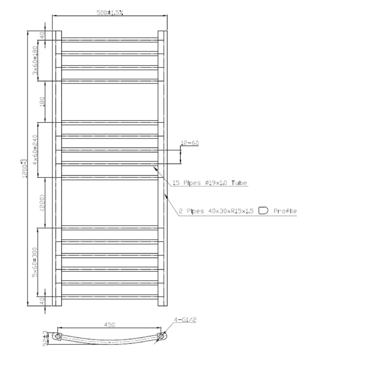 Chrome Towel Radiator 1200 x 500mm - Gobi