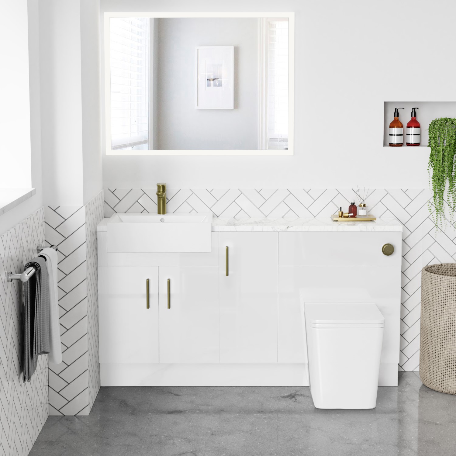 1500mm - 1800mm White Toilet and Sink Unit with Marble Effect Worktop and Brushed Brass Fittings - C