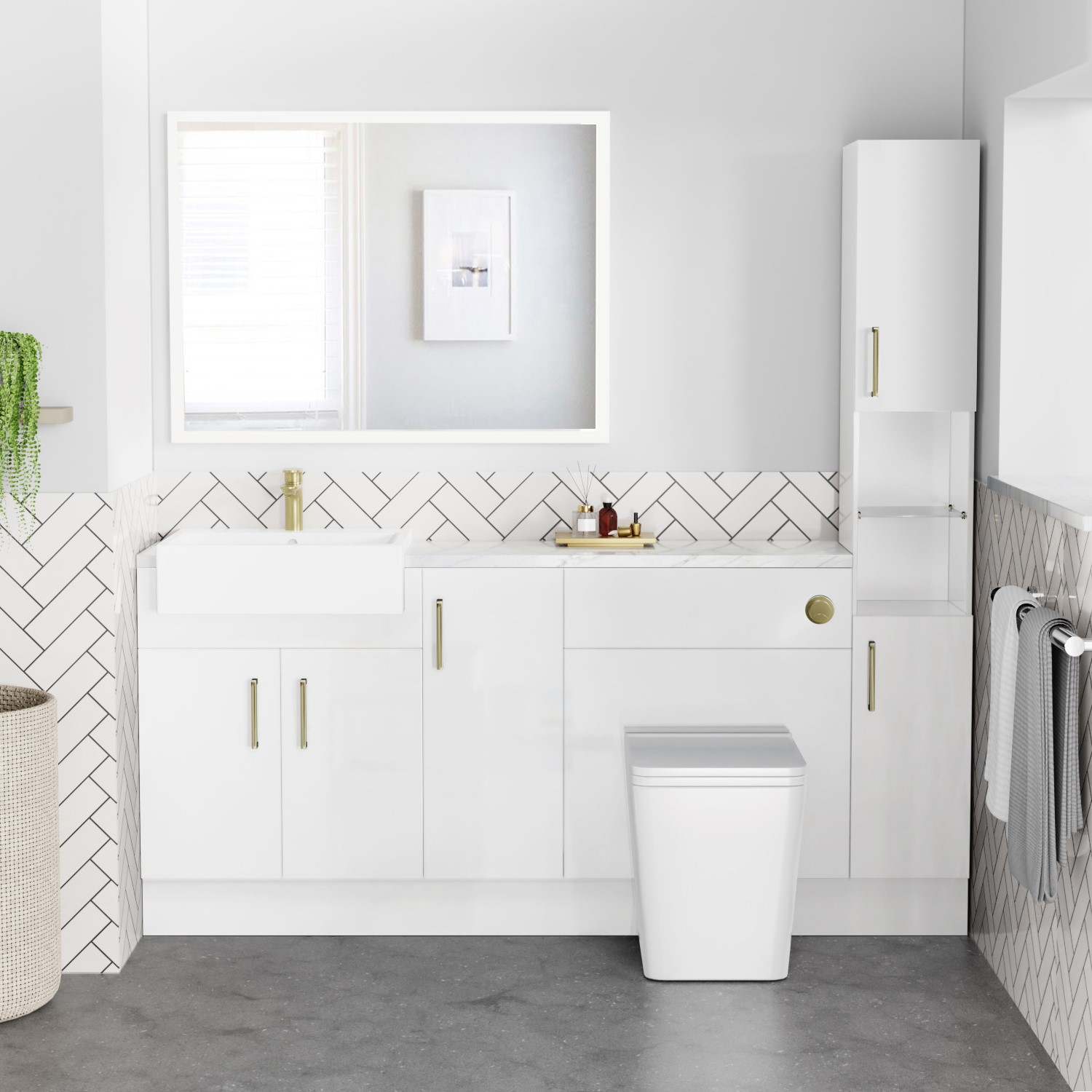 1800mm - 2100mm White Toilet and Sink Unit with Tall Cabinet Marble Effect Worktop and Brushed Brass