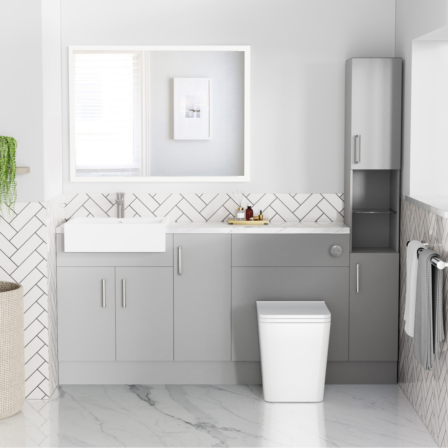 1800mm - 2100mm Grey Toilet and Sink Unit with Tall Cabinet Marble Effect Worktop and Chrome Fitting