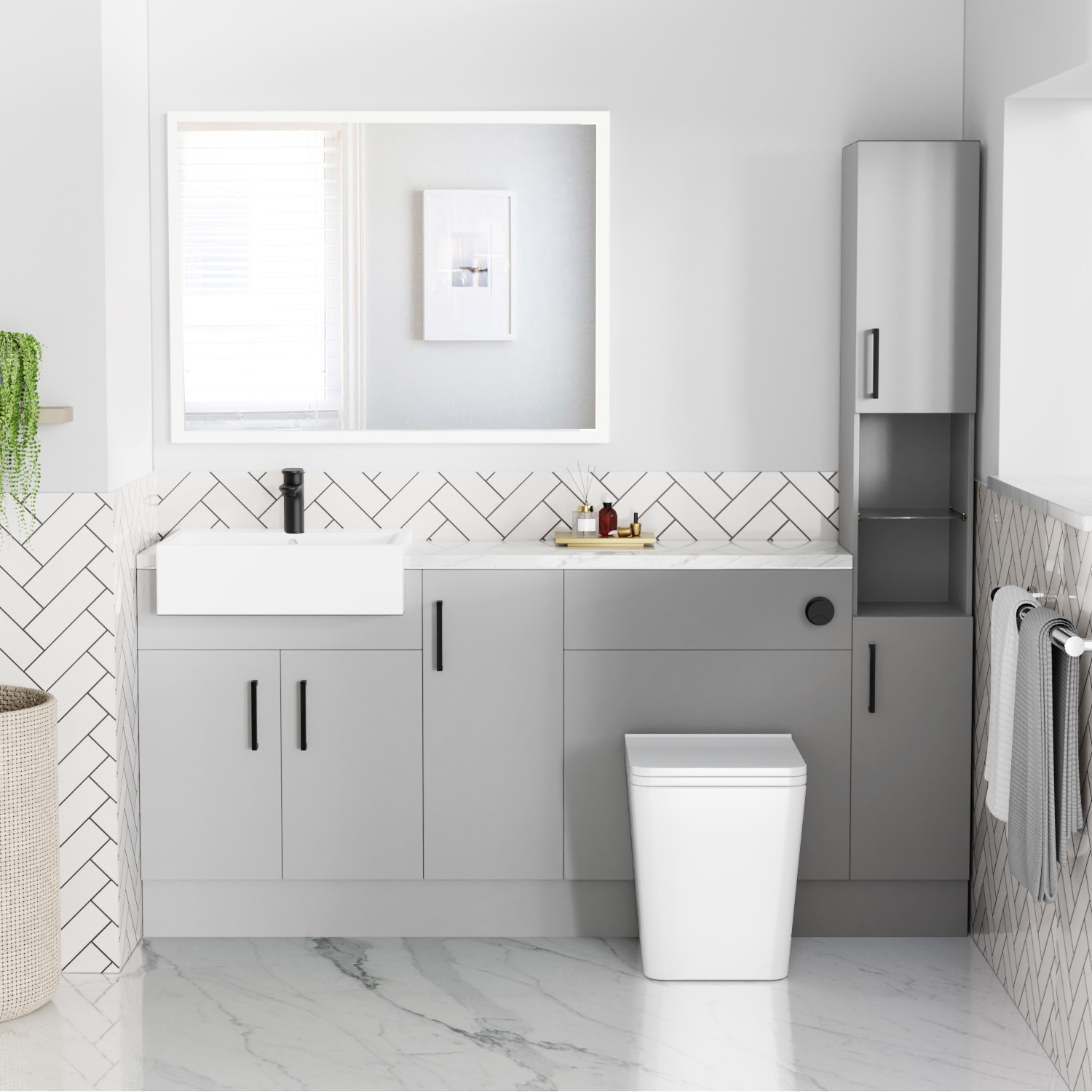 1800mm - 2100mm Grey Toilet and Sink Unit with Tall Cabinet Marble Effect Worktop and Black Fittings