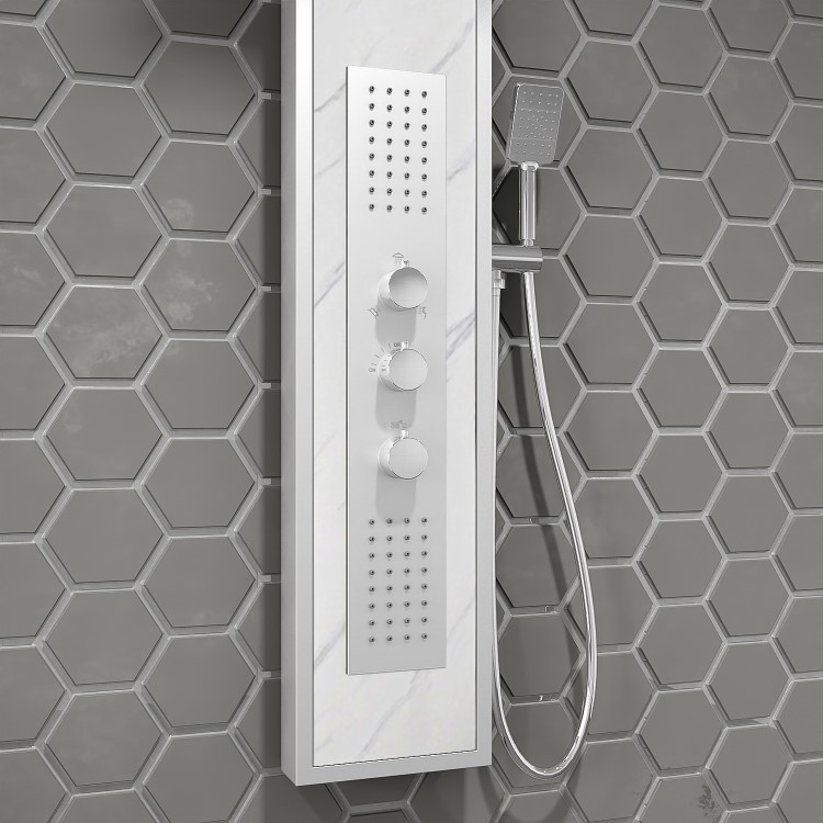 White Marble Effect Thermostatic  Tower Shower with Square Hand Shower - Luni