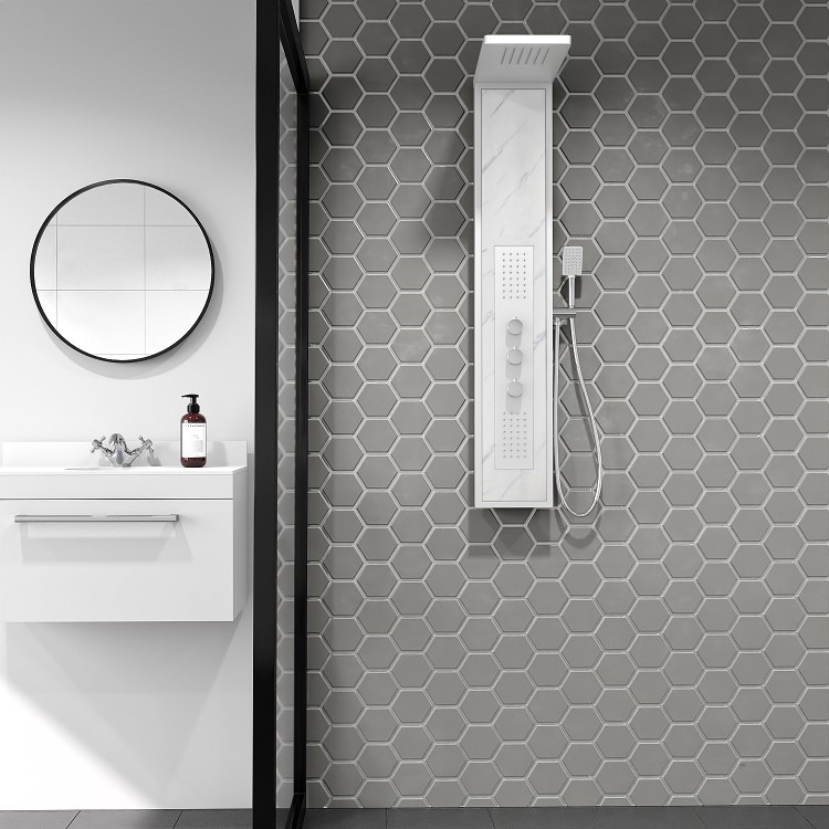 White Marble Effect Thermostatic  Tower Shower with Square Hand Shower - Luni