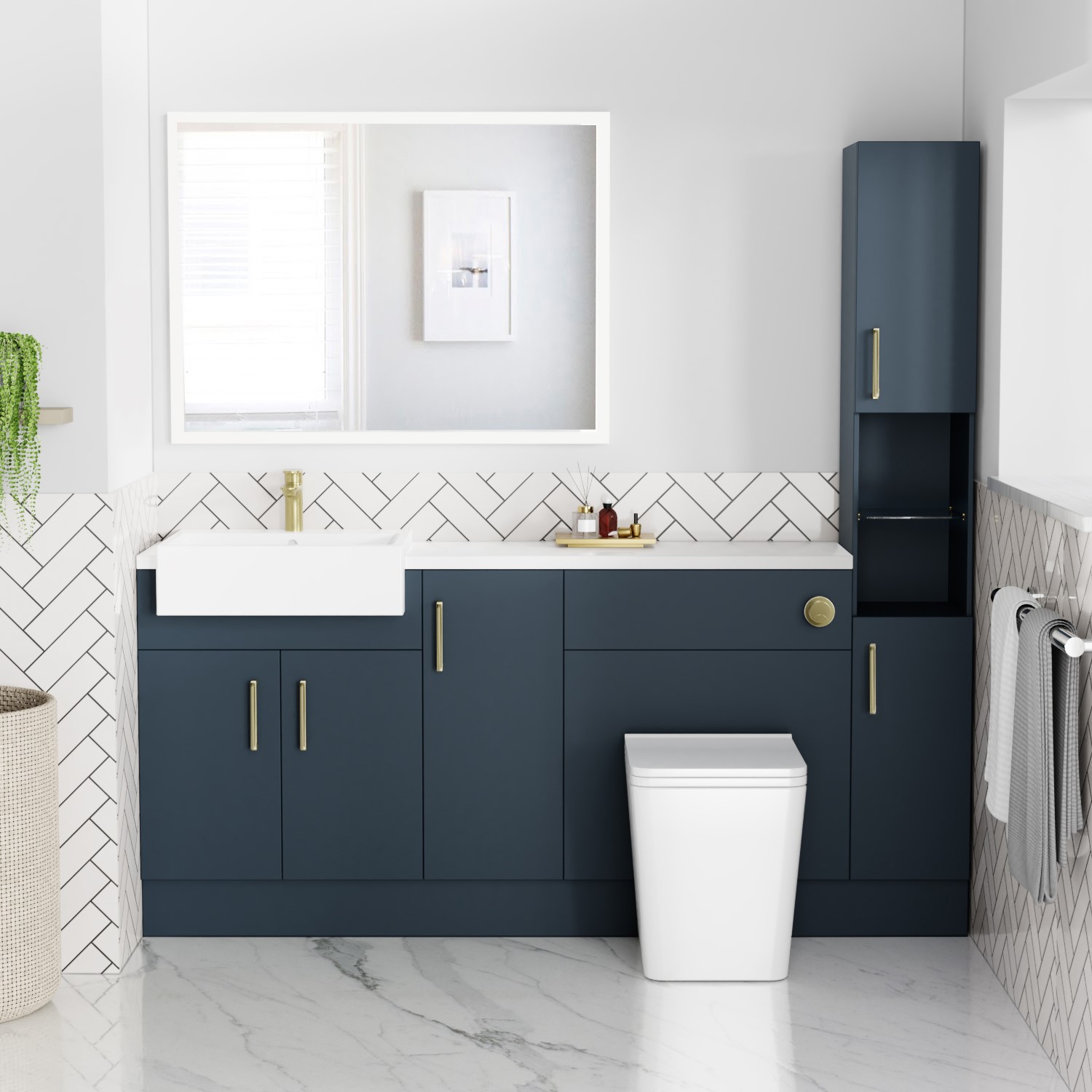 1800mm - 2100mm Blue Toilet and Sink Unit with Tall Cabinet Matt Worktop and Brushed Brass Fittings