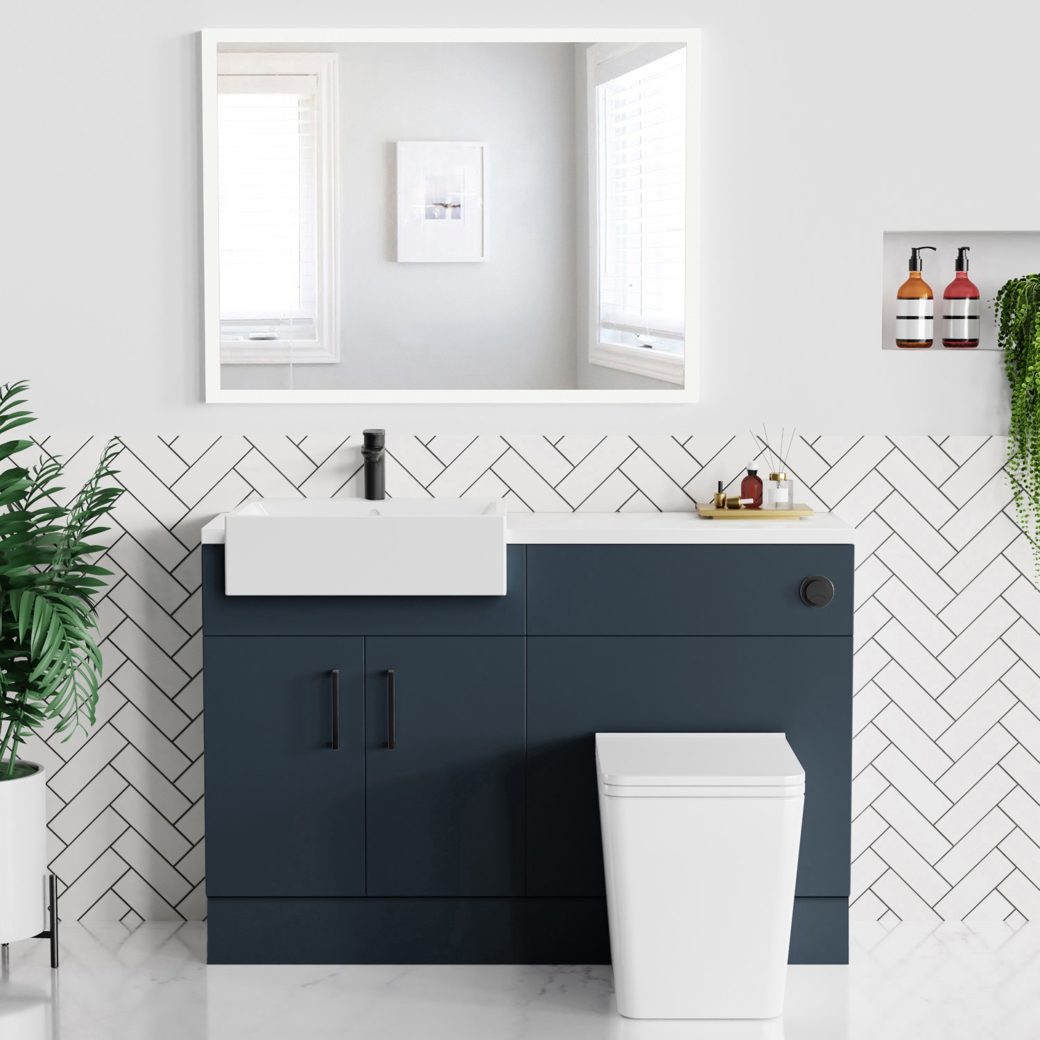 1200mm Blue Toilet and Sink Unit with Matt Worktop and Black Fittings - Coniston