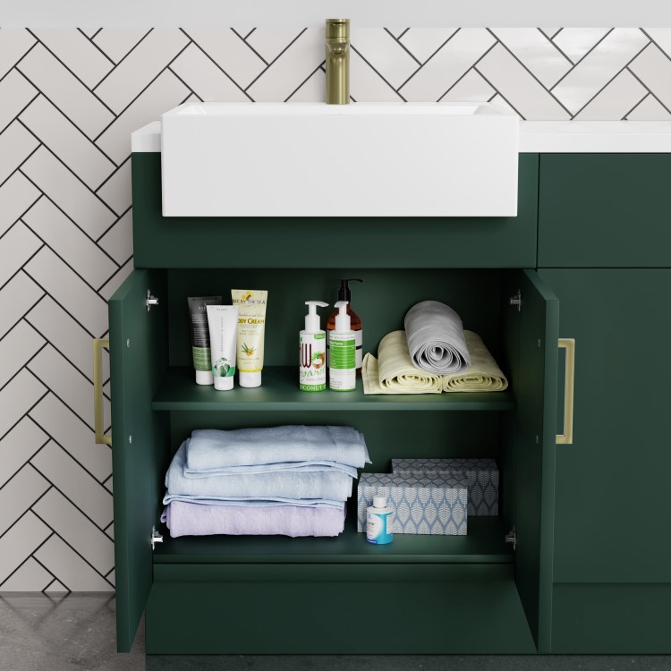 1200mm Green Toilet and Sink Unit with Marble Worktop and Brushed Brass Fittings - Coniston