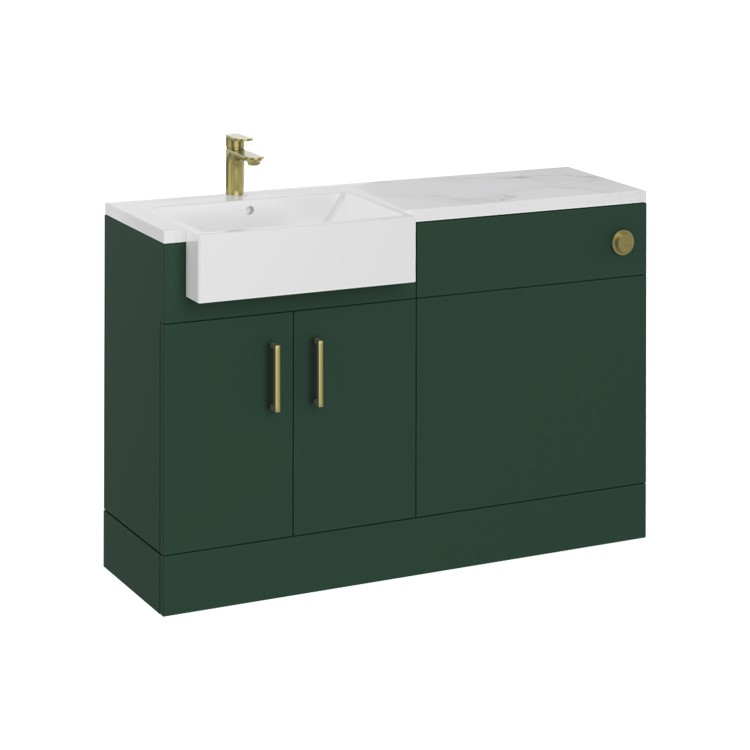 1200mm Green Toilet and Sink Unit with Marble Worktop and Brushed Brass Fittings - Coniston