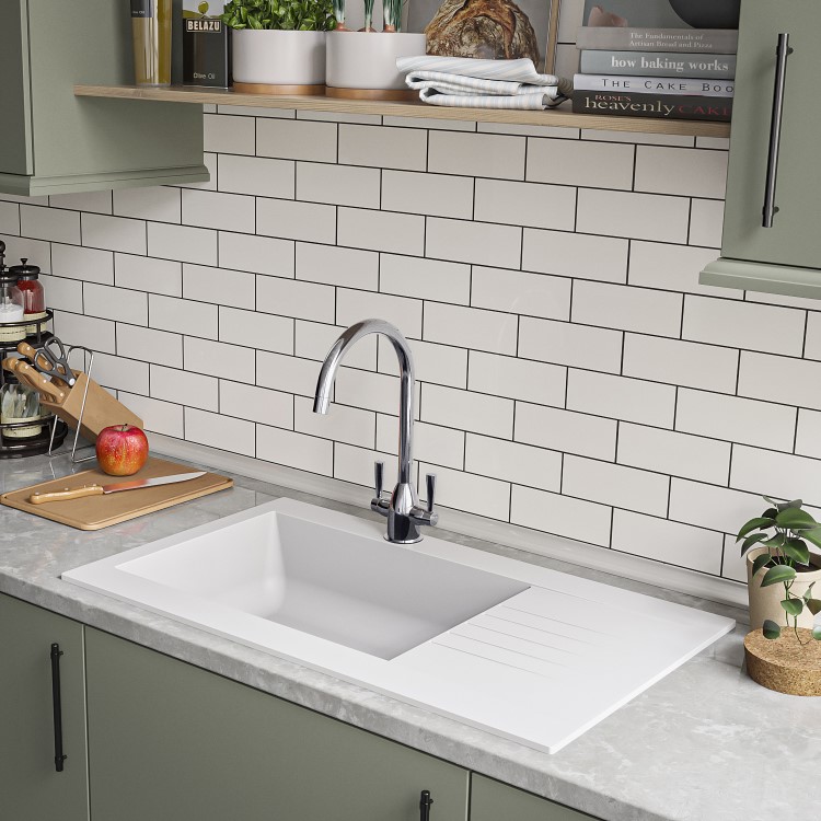 ONLY OPENED - Single Bowl White Composite Kitchen Sink with Reversible Drainer - Essence Amelia