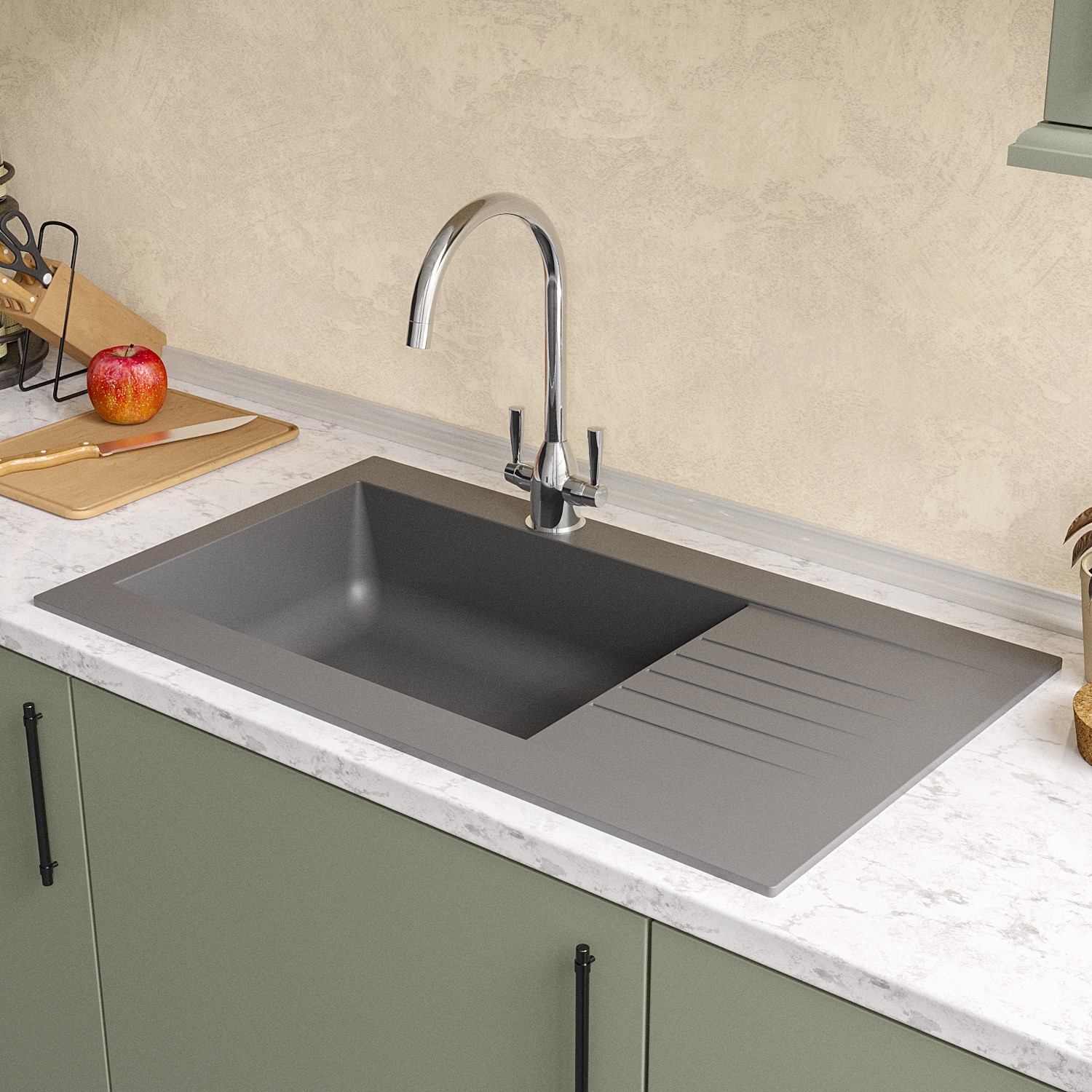Single Bowl Inset Grey Composite Kitchen Sink with Reversible Drainer ...