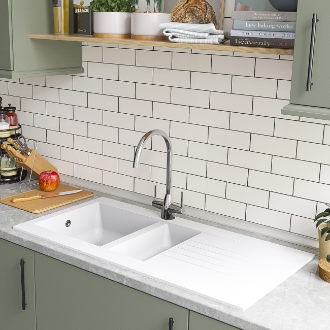 1.5 Bowl White Composite Kitchen Sink with Reversible Drainer - Essence Amelia BeBa_28569 | Appliances Direct