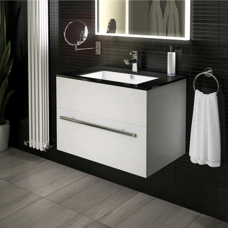 750mm Wall Hung Vanity Basin Unit - Single Drawer - White with Black Worktop - Eden Range