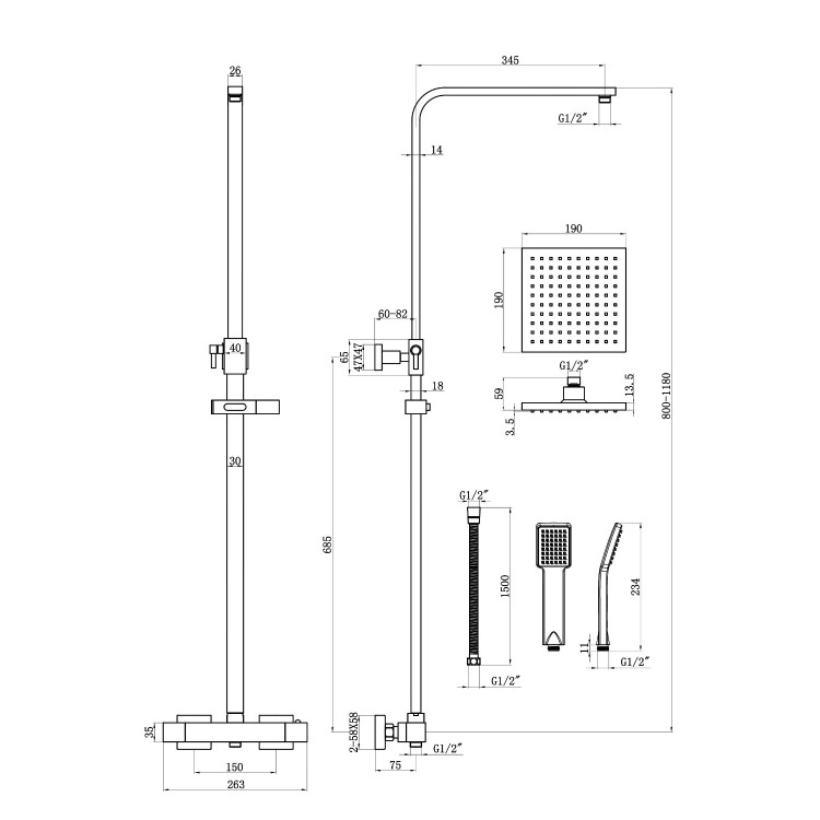 GRADE A1 - Thermostatic Mixer Bar Shower with Square Overhead & Handset - Vira