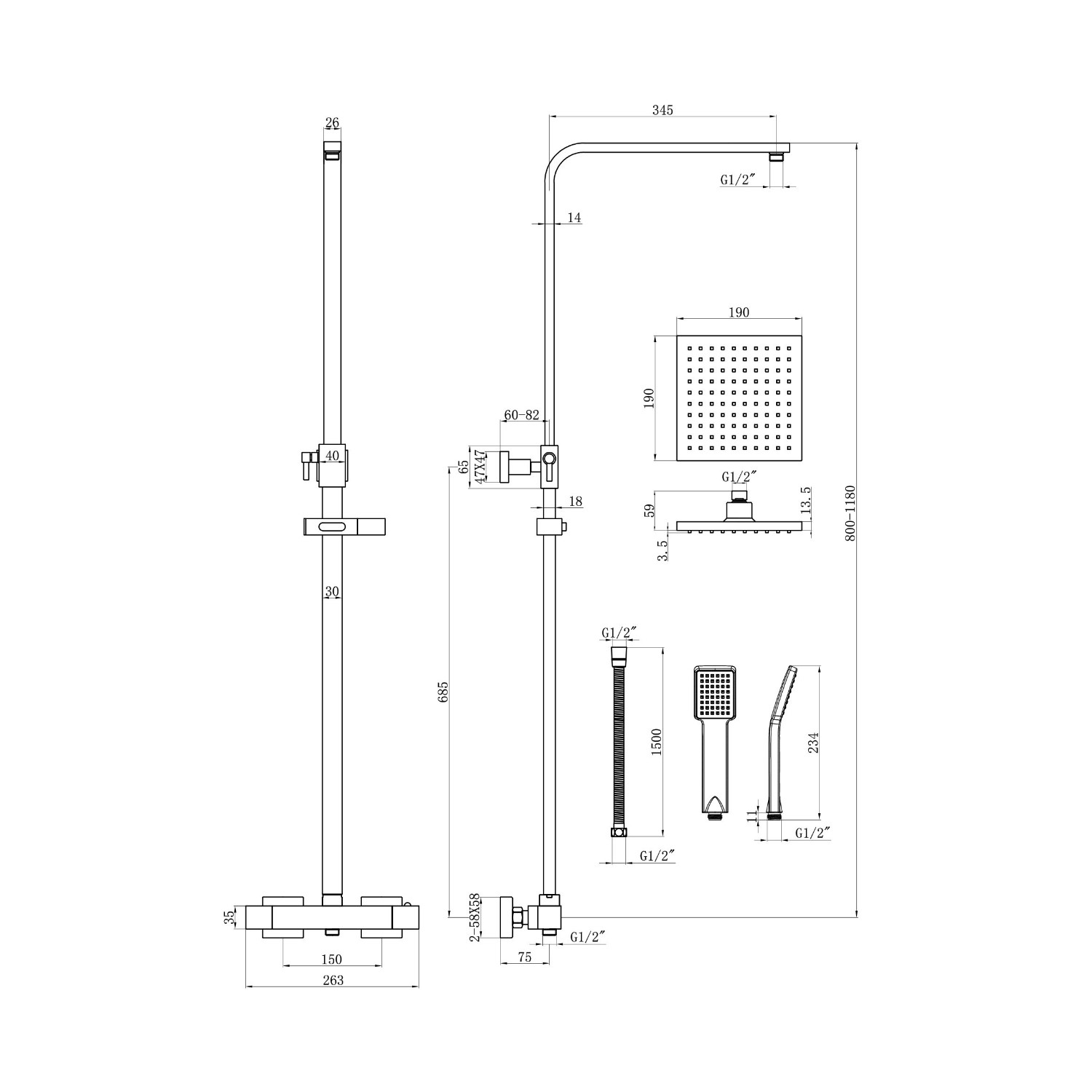Vira Square Riser Slide Shower Rail Kit With Dual Valve Beba 8917