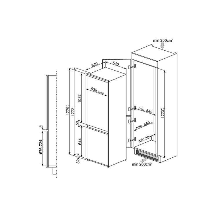 GRADE A3  - Smeg C7280NLD2P Integrated In-column No Frost 60-40 Fridge Freezer