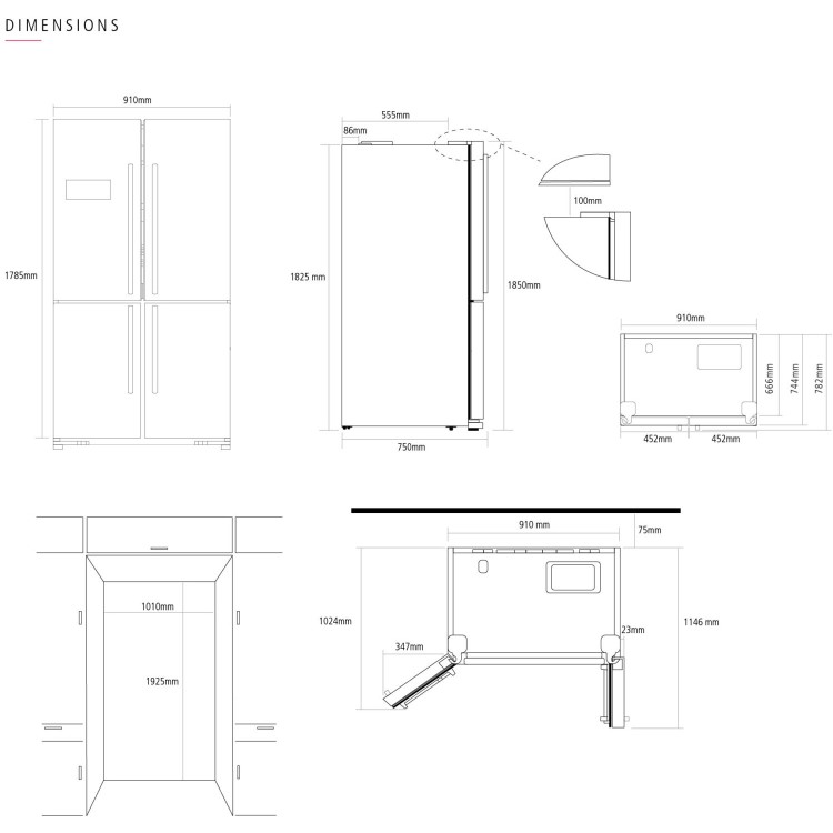 Caple 588 Litre Four Door American Fridge Freezer - Gunmetal Grey