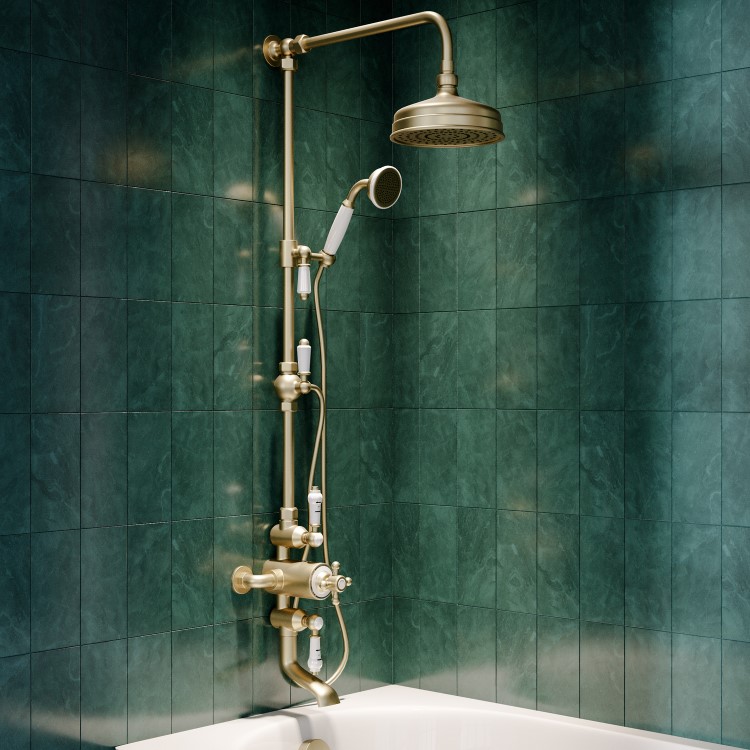 Brushed Brass Traditional Thermostatic Bath Mixer Shower Set with Bath Filler Spout - Slide Rail Kit & Hand Shower - Camden