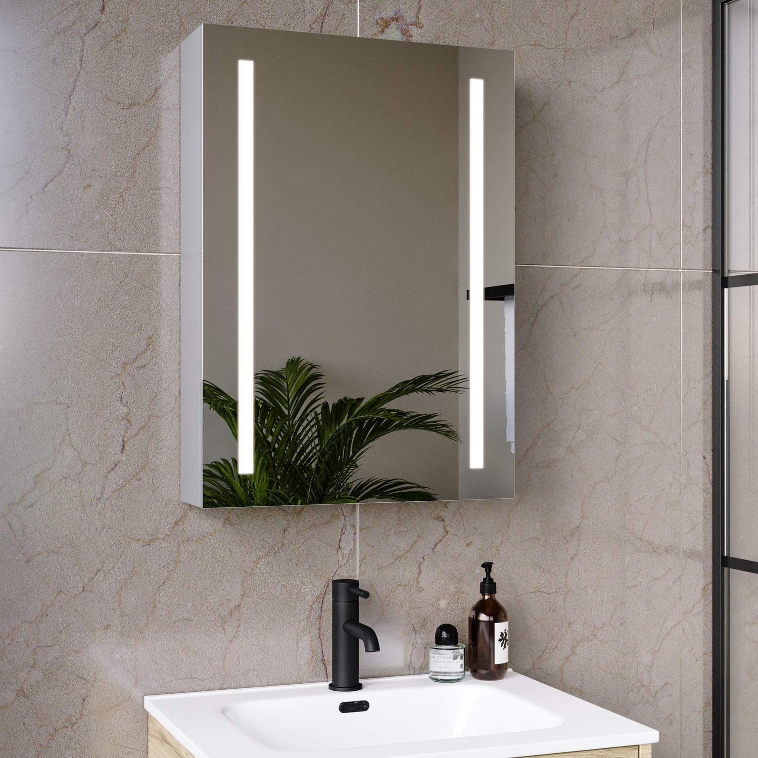 Single Door Chrome Bathroom Mirror Cabinet with Battery Operated Lights 500 x 700mm - Capricorn