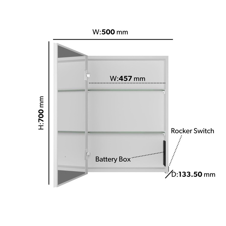Single Door Chrome Mirrored Bathroom Cabinet with Battery Operated Lights 500 x 700mm - Capricorn