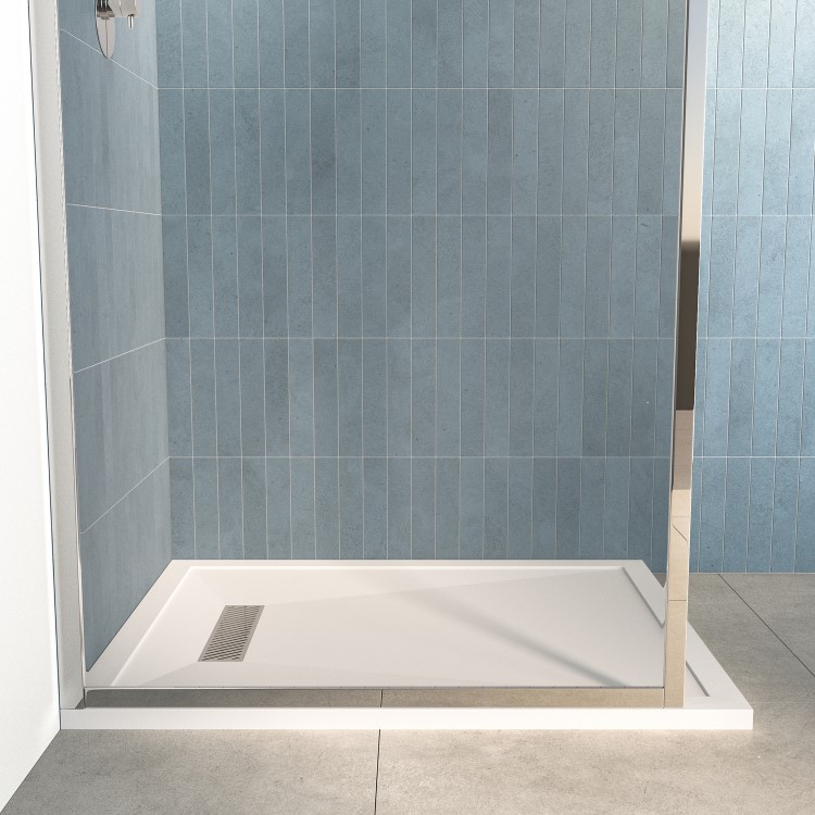 1000x800mm Rectangular Low-Profile Shower Tray 25mm with Linear Waste - White Stone Resin - Cascade