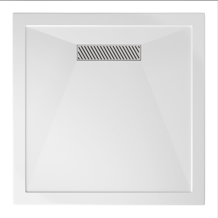 900x900mm Square Low-Profile Shower Tray 25mm with Linear Waste - White Stone Resin - Cascade