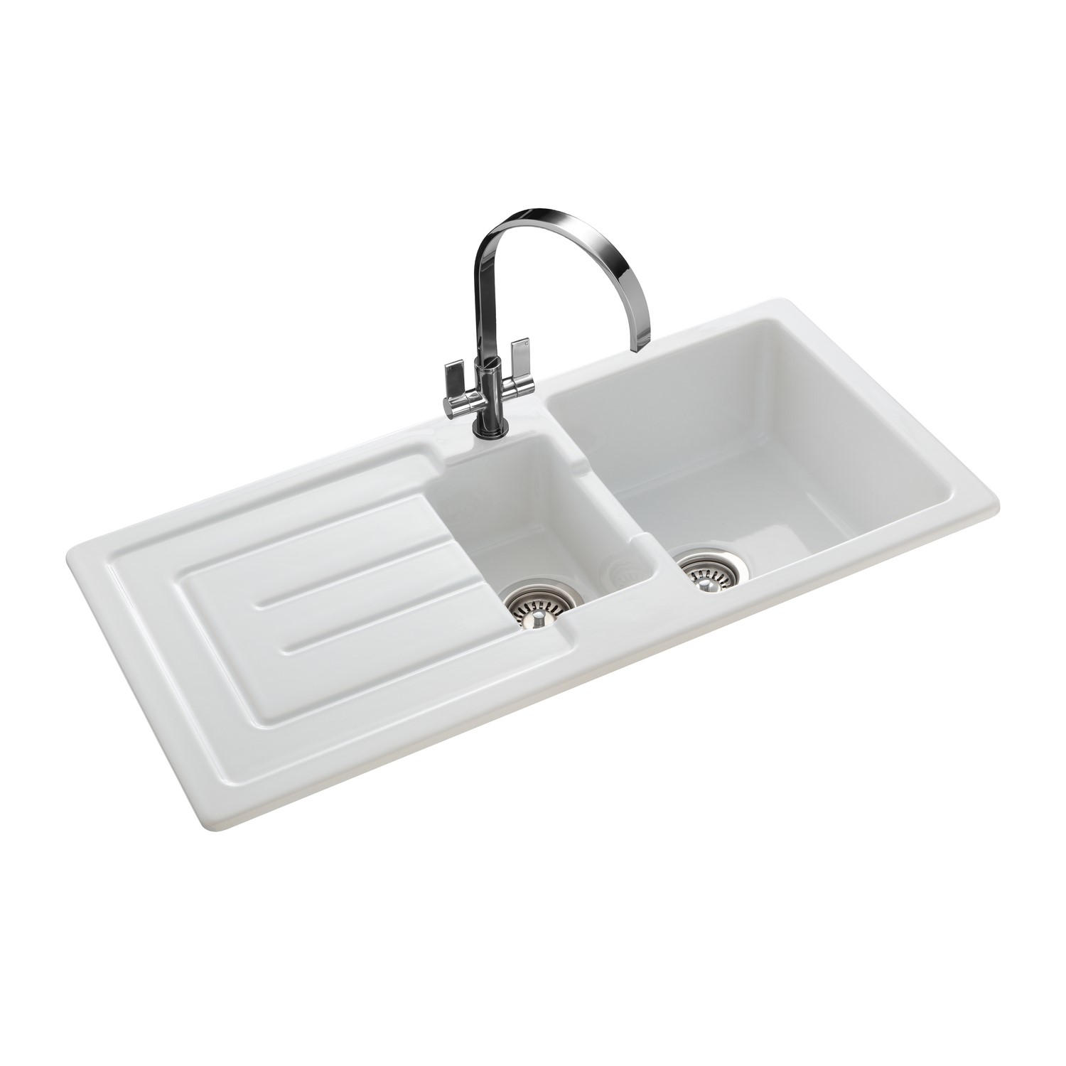 1.5 Bowl Inset White Ceramic Kitchen Sink with Reversible Drainer
