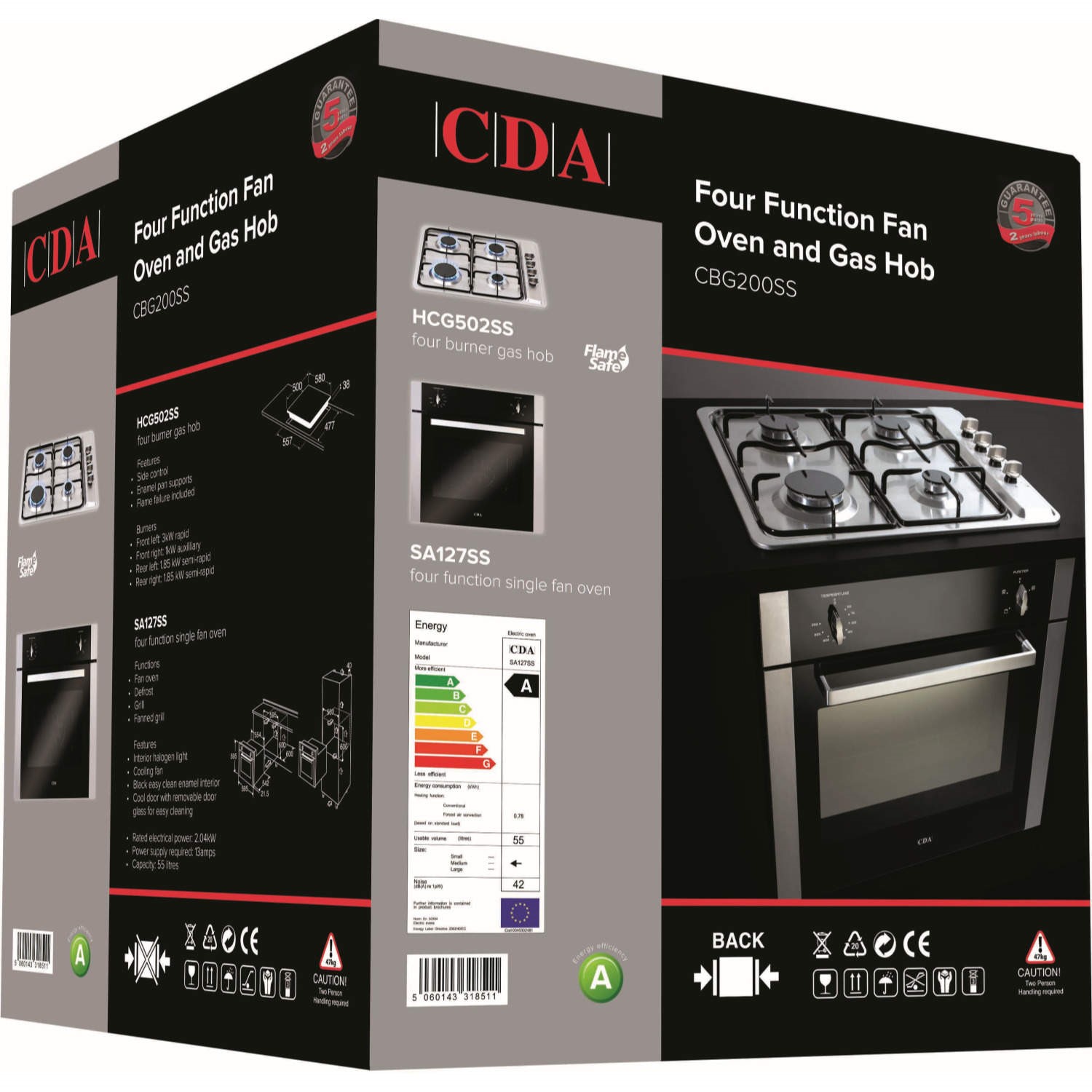 CDA CBG200SS Gas Hob And Four Function Electric Single Fan Oven Pack