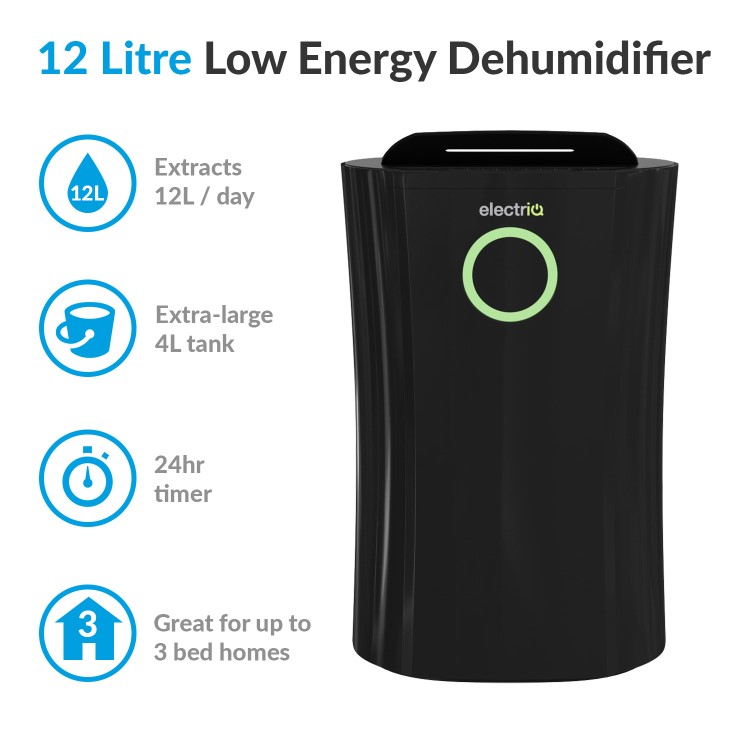 GRADE A2 - ElectriQ 12 litre Low Energy Premium  Black Dehumidifier for up to 3 bed house with Digital Humidistat and UV  Air Purifier