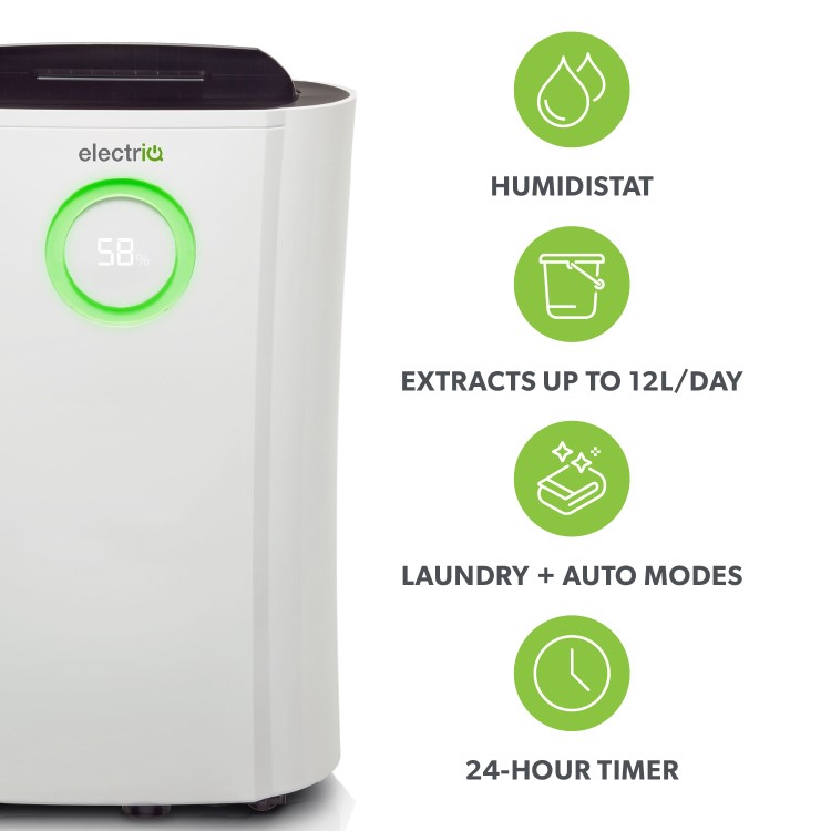 GRADE A2 - electriQ 12 Litre Low Energy UV Antibacterial Dehumidifier with HEPA Air Purifier - White