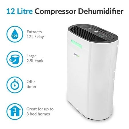 GRADE A1 - electriQ 12 litre Dehumidifier for 3 bed house with Digital Humidistat and Air Purifier