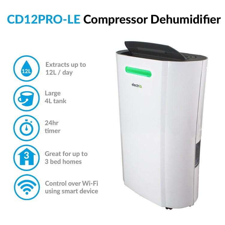 GRADE A2 - electriQ CD12LE PRO 12L Low Energy Smart App WIFI Dehumidifier for up to 3 bed house with Plasma Air Purifier 