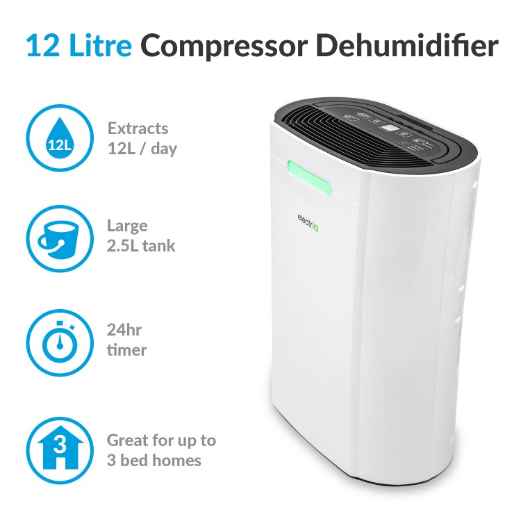 GRADE A2 - electriQ 12 Litre Dehumidifier for 3 bed house with Digital Humidistat and Air Purifier