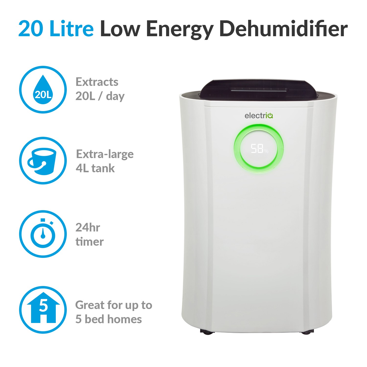 GRADE A2 electriQ 20L Low Energy AntiBacterial Best Buy Dehumidifier