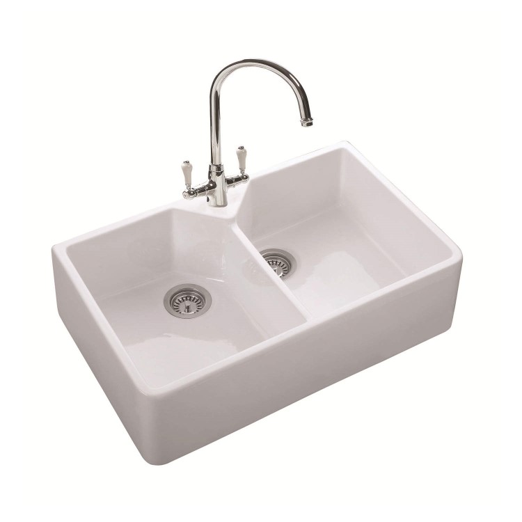 GRADE A1 - Rangemaster Double bowl 800x490 2.0 Bowl Ceramic Sink White