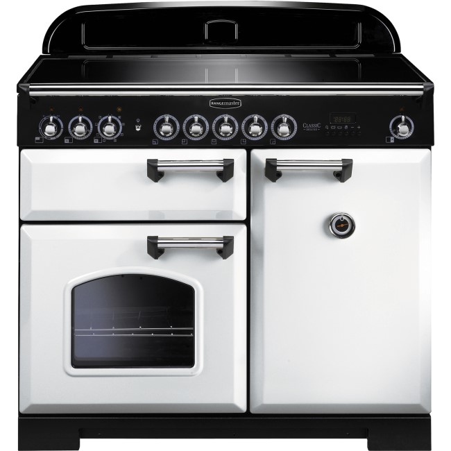 Rangemaster 114030 Classic Deluxe 100cm Electric Range Cooker With Induction Hob - White Chrome