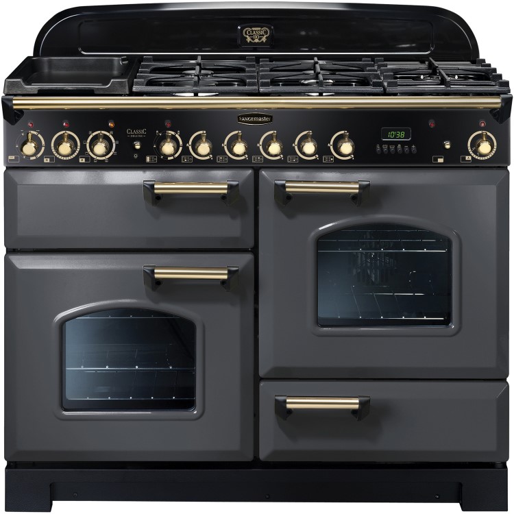 Rangemaster Classic Deluxe 110cm Dual Fuel Range Cooker - Slate Grey & Brass