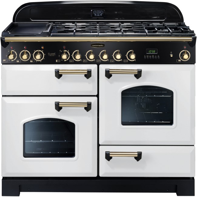 Rangemaster 114160 Classic Deluxe 110cm Electric Range Cooker With Ceramic Hob - White Brass