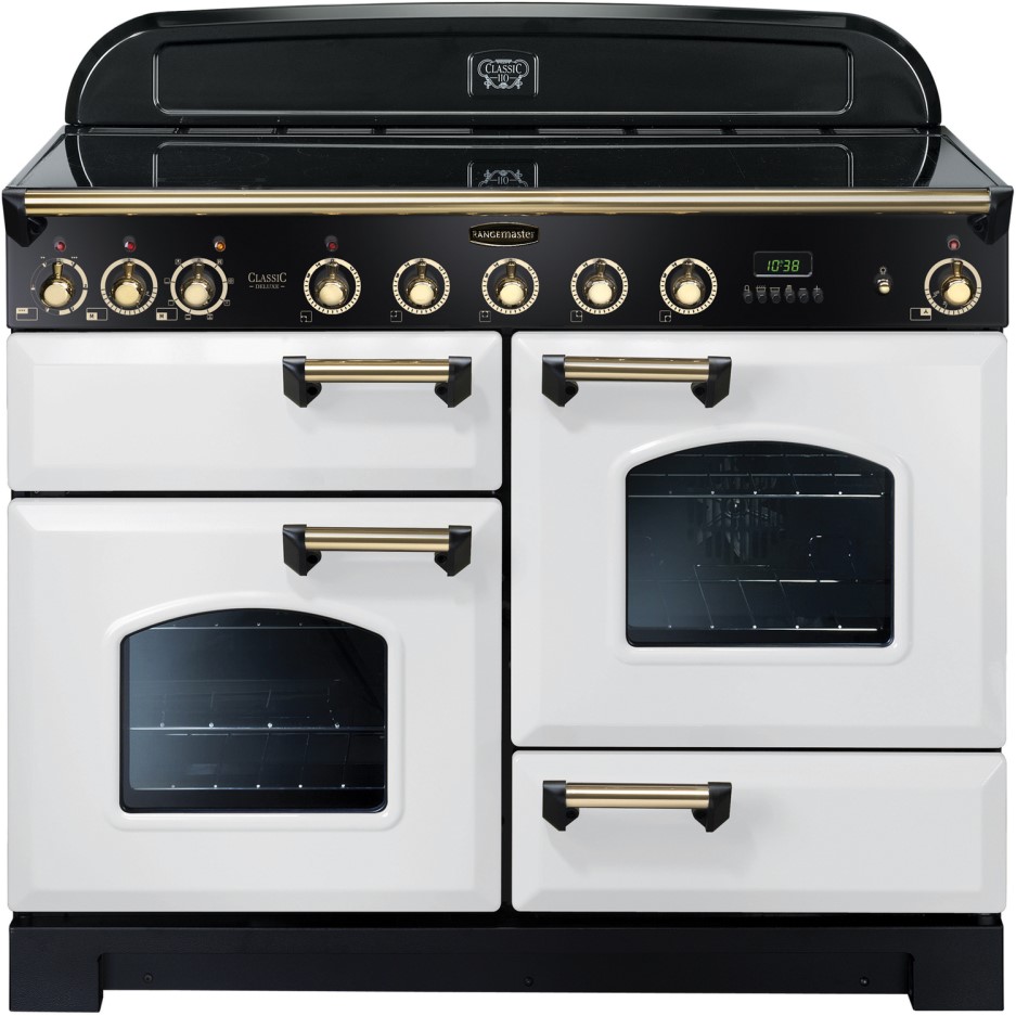 Rangemaster 113120 Classic Deluxe 110cm Electric Range Cooker With Induction Hob White Brass