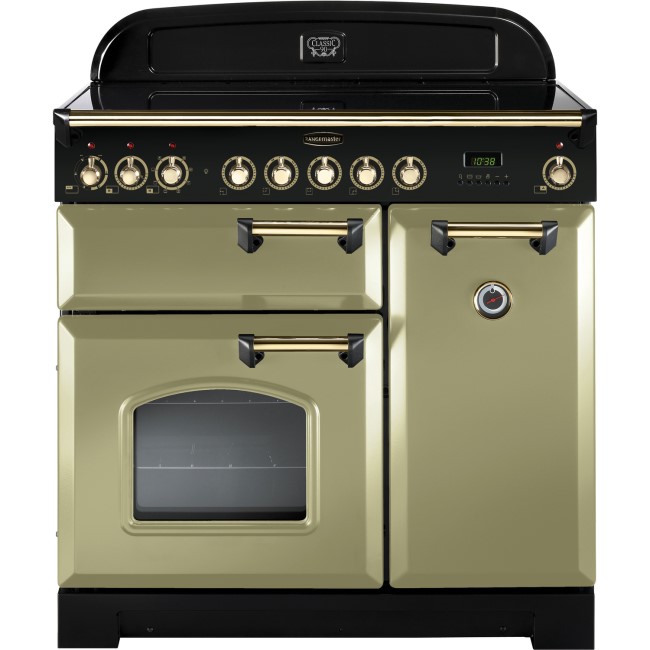 Rangemaster 114730 Classic Deluxe 90cm Electric Range Cooker With Ceramic Hob - Olive Green Brass