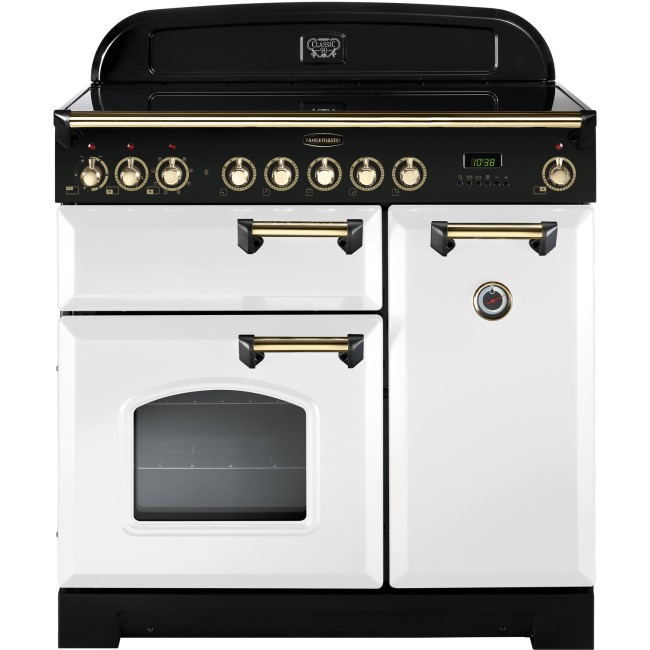 Rangemaster 114280 Classic Deluxe 90cm Electric Range Cooker With Ceramic Hob - White Brass
