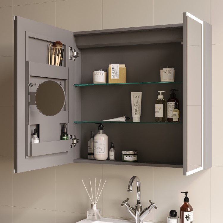 Double Door Chrome Bathroom Miror Cabinet with Lights & Shaver Socket 750 x 700mm - Celeste