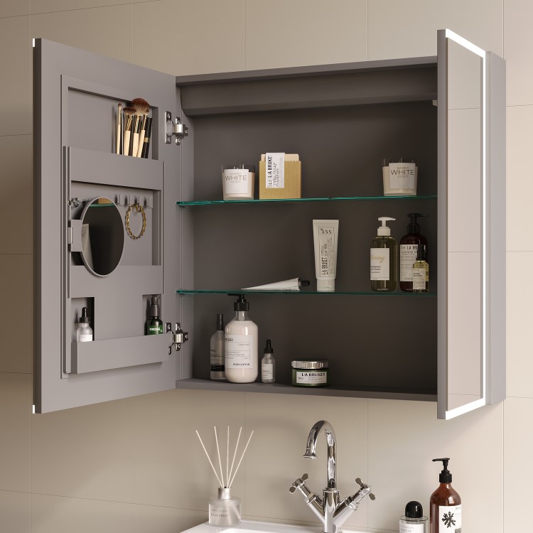 Double Door Chrome Bathroom Miror Cabinet with Lights & Shaver Socket 750 x 700mm - Celeste